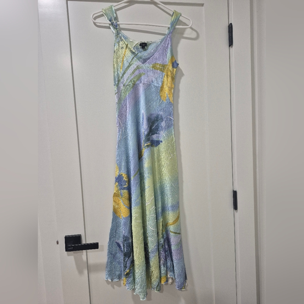 Komarov Multicolor Crinkle Sleeveless Lace Trim Floral Slip Dress Small S